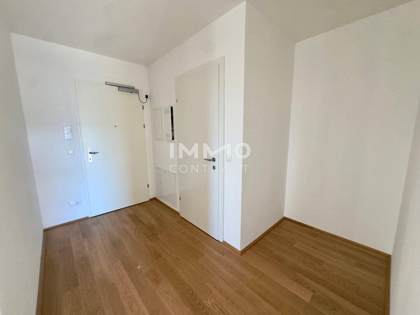 Eingangsbereich mit Holzboden und weißer Tür, bietet Platz für Garderobe und Empfang.