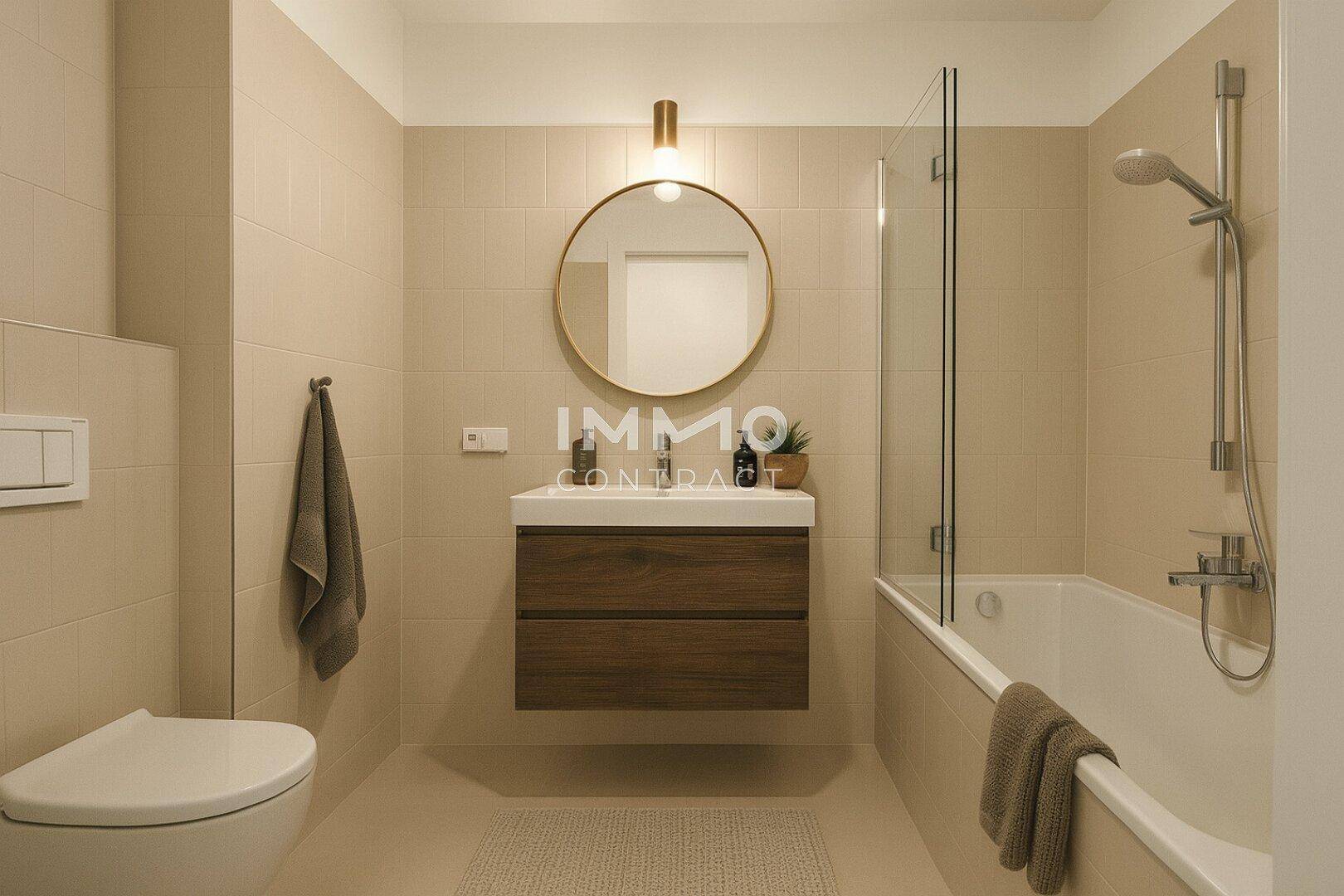 Modernes Badezimmer mit Badewanne, Dusche, schwebendem Waschtisch und rundem Spiegel.