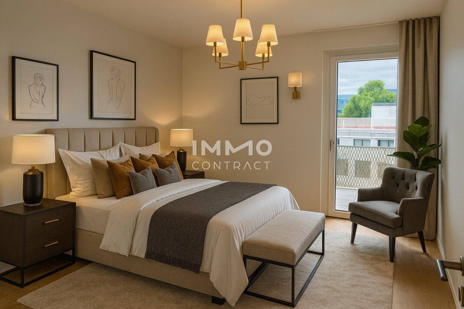 Gemütliches Schlafzimmer mit Doppelbett, Nachttischen und Zugang zu einem französischen Balkon.