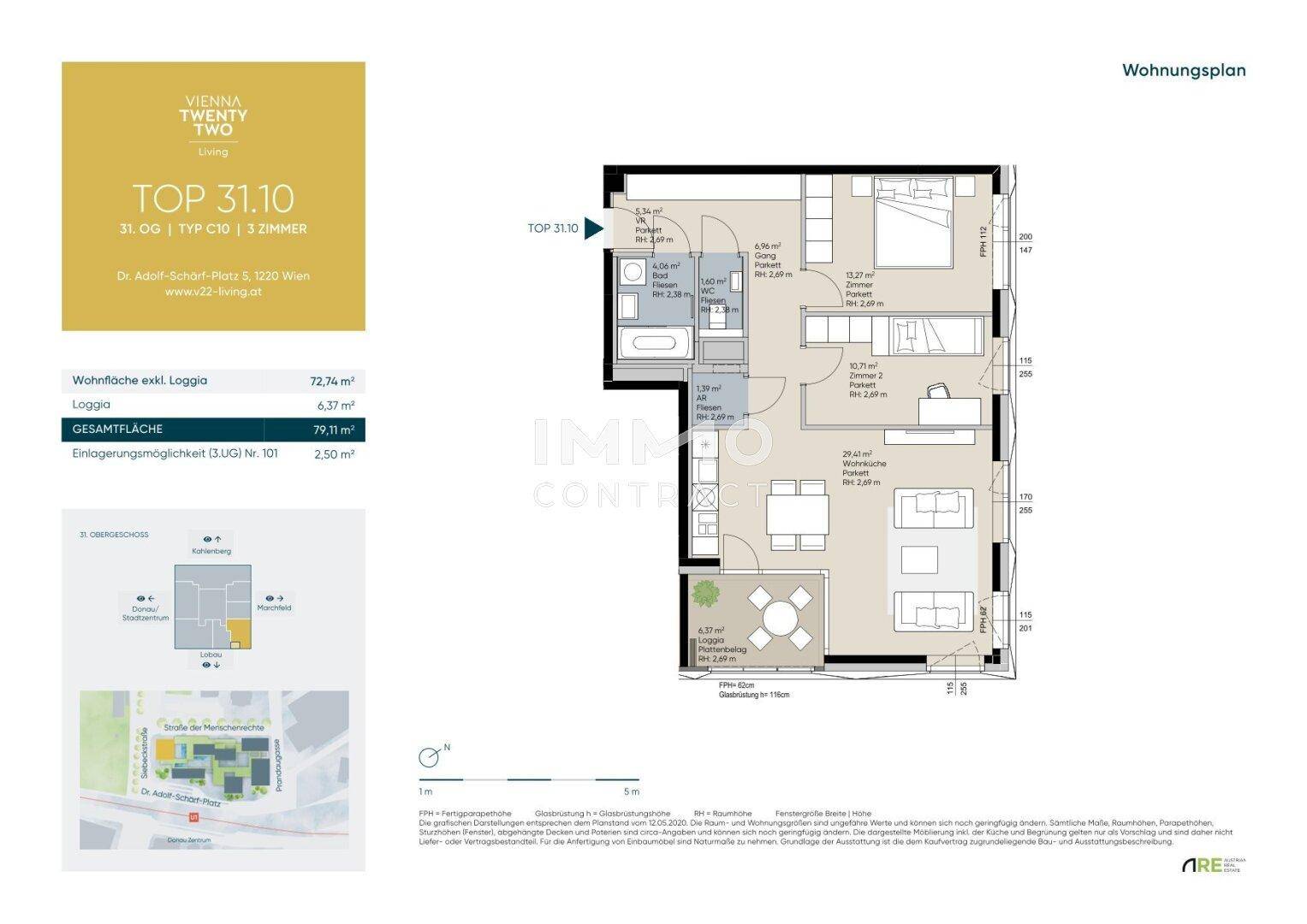 Detaillierter Wohnungsplan mit drei Zimmern, Loggia und einer Gesamtfläche von 79,11 m².