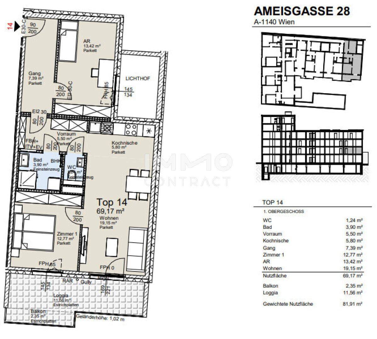 Detaillierter Grundriss der Wohnung Top 14 mit 69,17 m² Wohnfläche und Loggia.