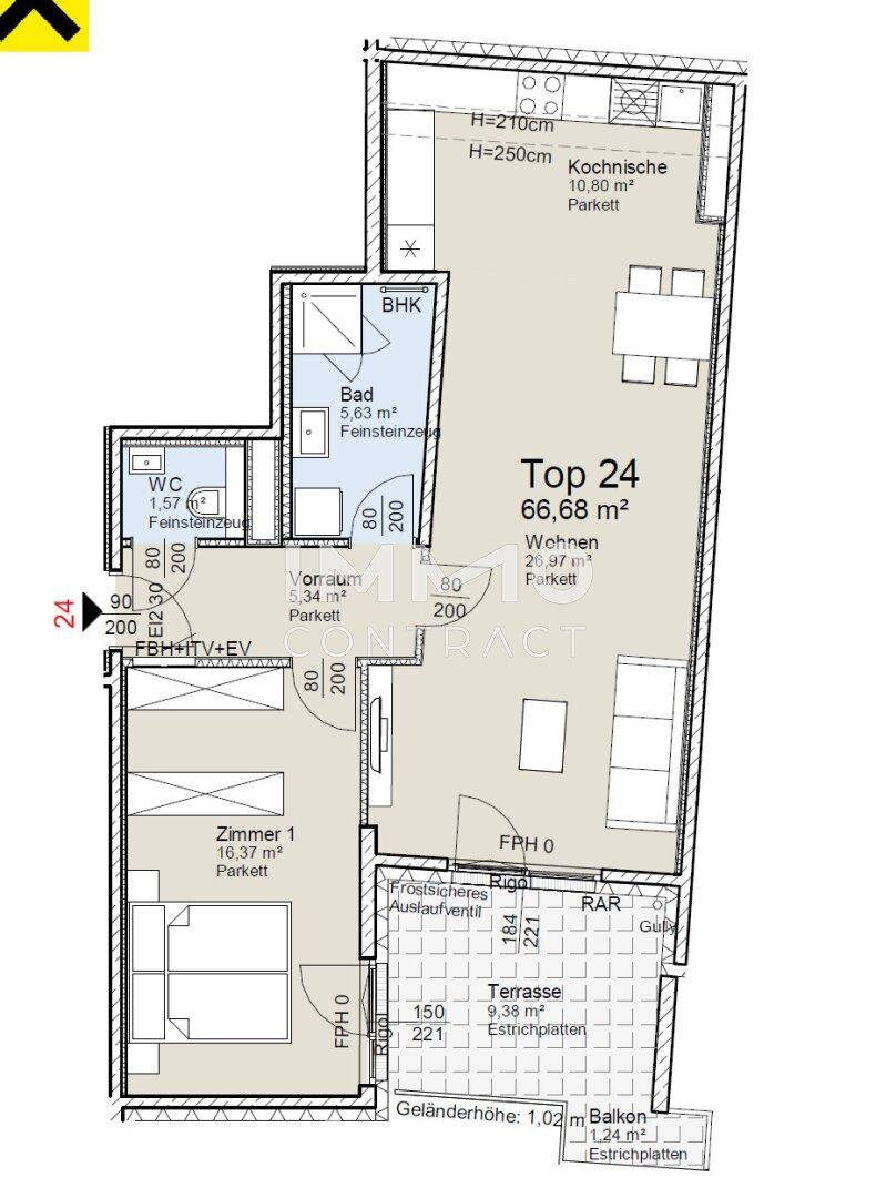 Detaillierter Grundriss einer Wohnung mit 66,68 m² Wohnfläche, Terrasse und Balkon.
