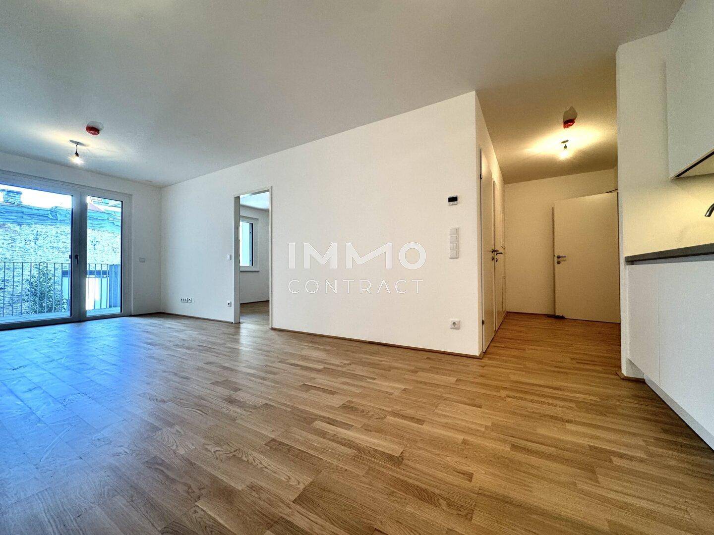 Heller offener Wohnbereich mit Parkettboden und Zugang zu einem Balkon.