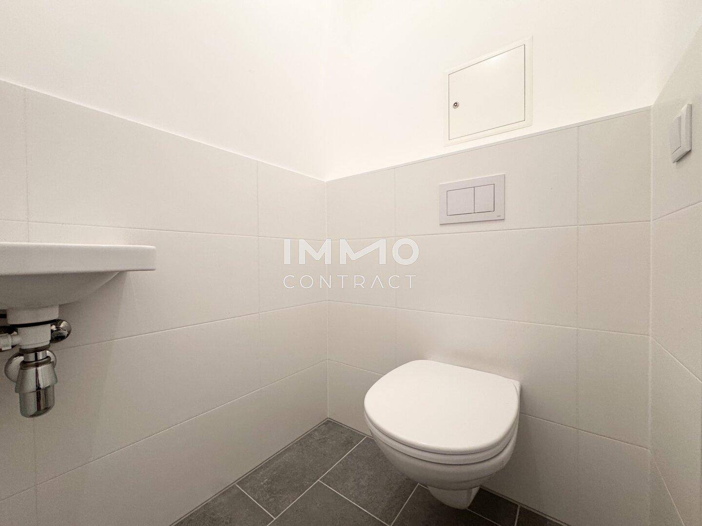 Kleines, modernes Gäste-WC mit wandmontierter Toilette und kompaktem Waschbecken.