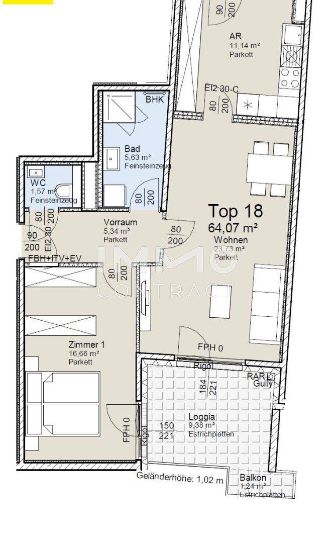 Grundriss der Wohnung Top 18 zeigt Loggia, Balkon und zwei Schlafzimmer.