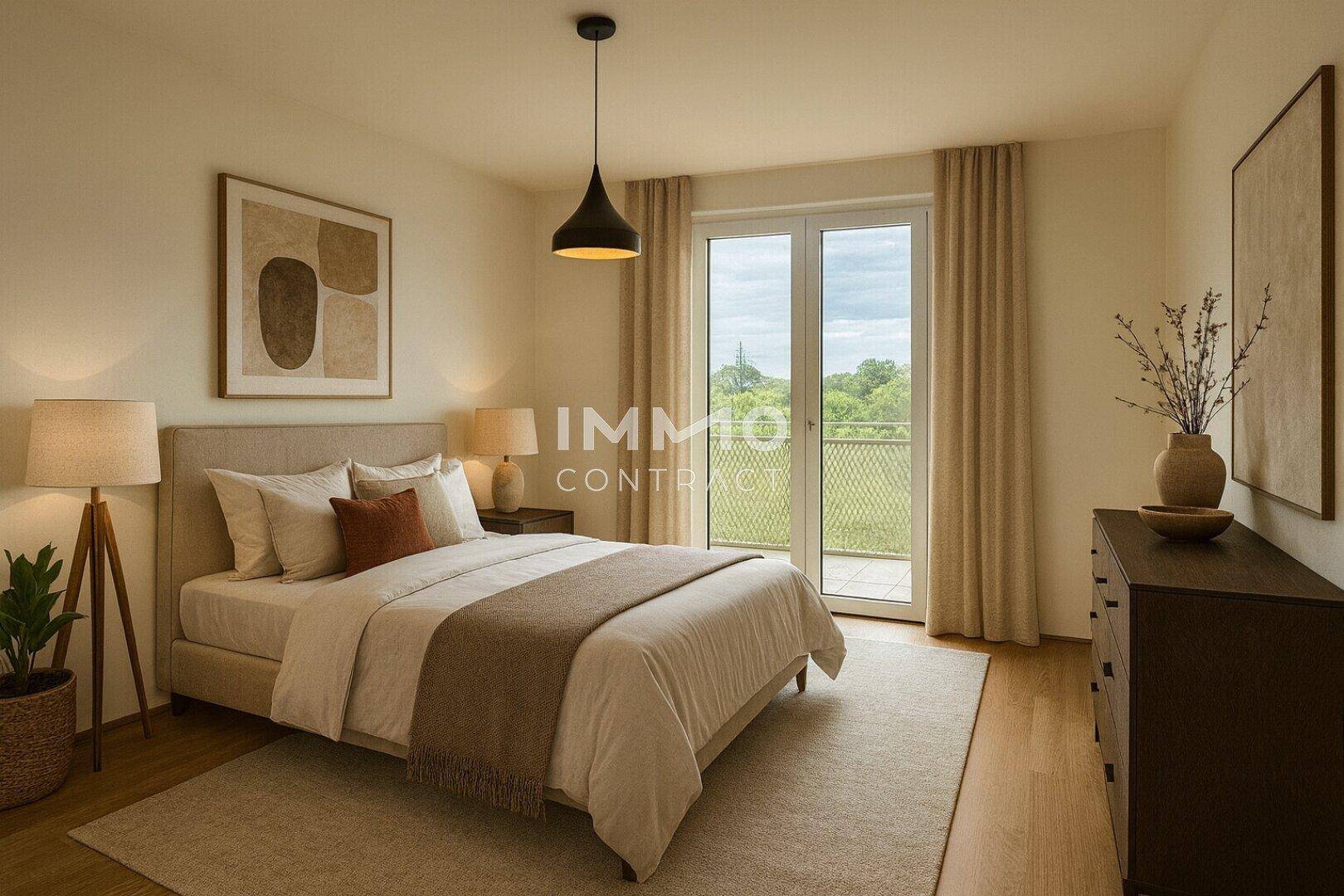 Gemütliches Schlafzimmer mit Doppelbett, Nachttischen und direktem Zugang zum Balkon.