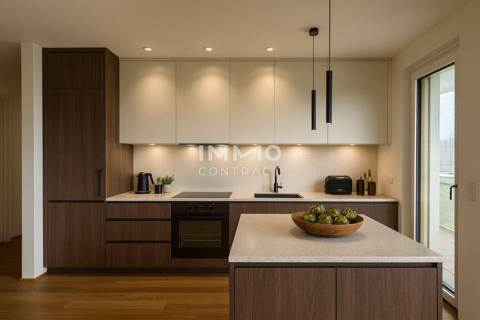 Moderne Küche mit dunklen Holzfronten, heller Arbeitsplatte und integrierten Geräten.