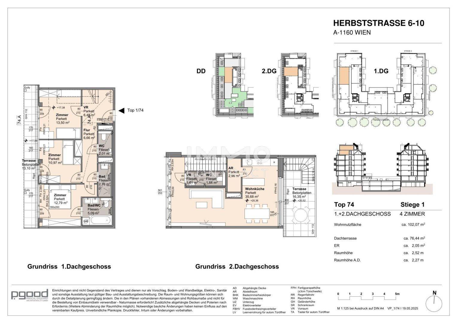 Grundriss des 1. und 2. Dachgeschosses mit Wohnküche, Schlafzimmern und Terrasse.
