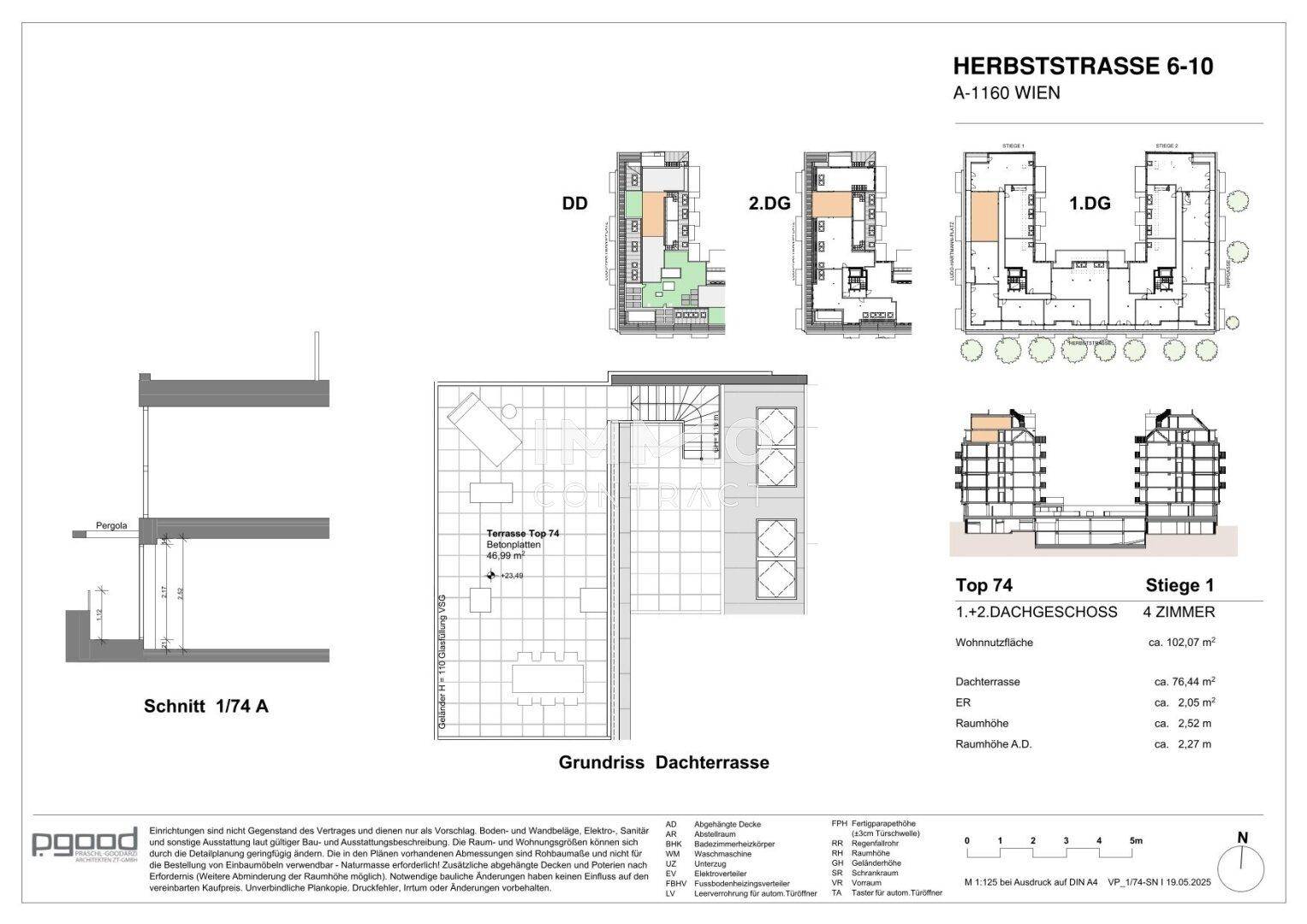 Grundriss der Dachterrasse und Schnittansicht des Gebäudes mit Details zur Konstruktion.