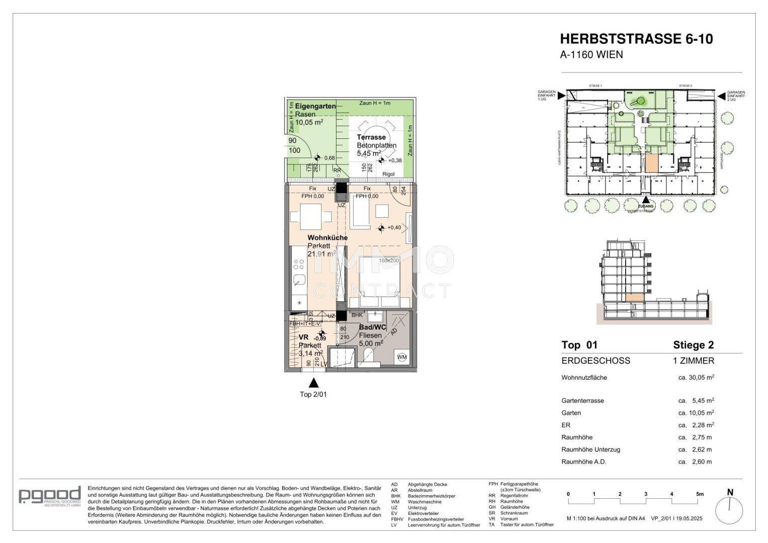 Detaillierter Grundriss einer Erdgeschosswohnung mit Garten, Terrasse, Wohnküche und zwei Zimmern in Wien.
