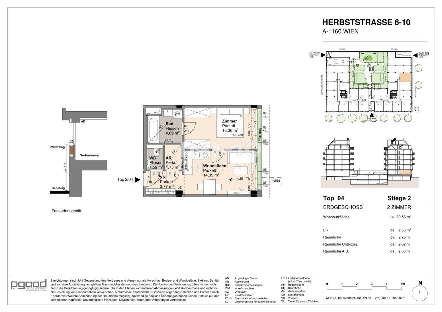 Grundriss einer 2-Zimmer-Wohnung im Erdgeschoss mit Bad, WC und Wohnküche.