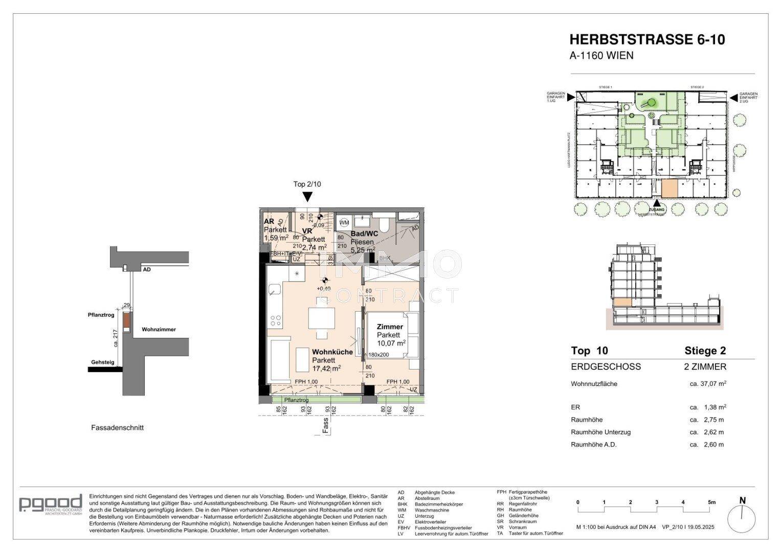 Grundriss einer 2-Zimmer-Wohnung im Erdgeschoss mit Wohnküche und Balkon.