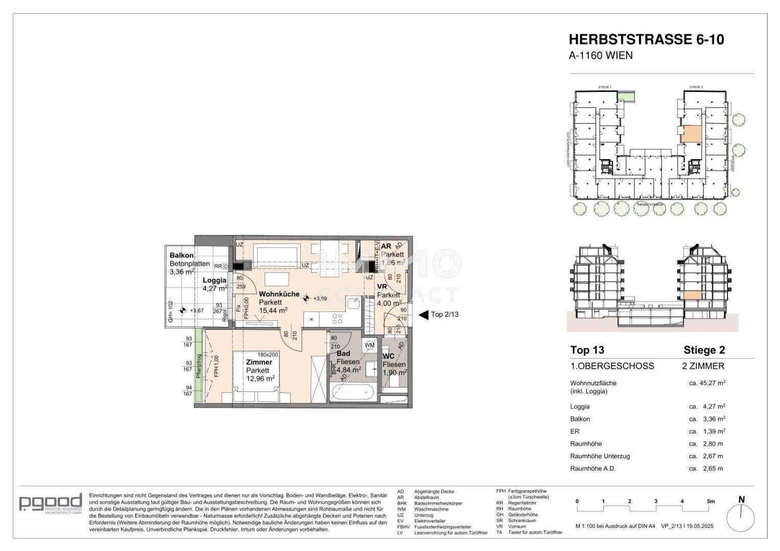 Grundriss für Top 13 im ersten Obergeschoss mit Balkon, Loggia und zwei Zimmern.