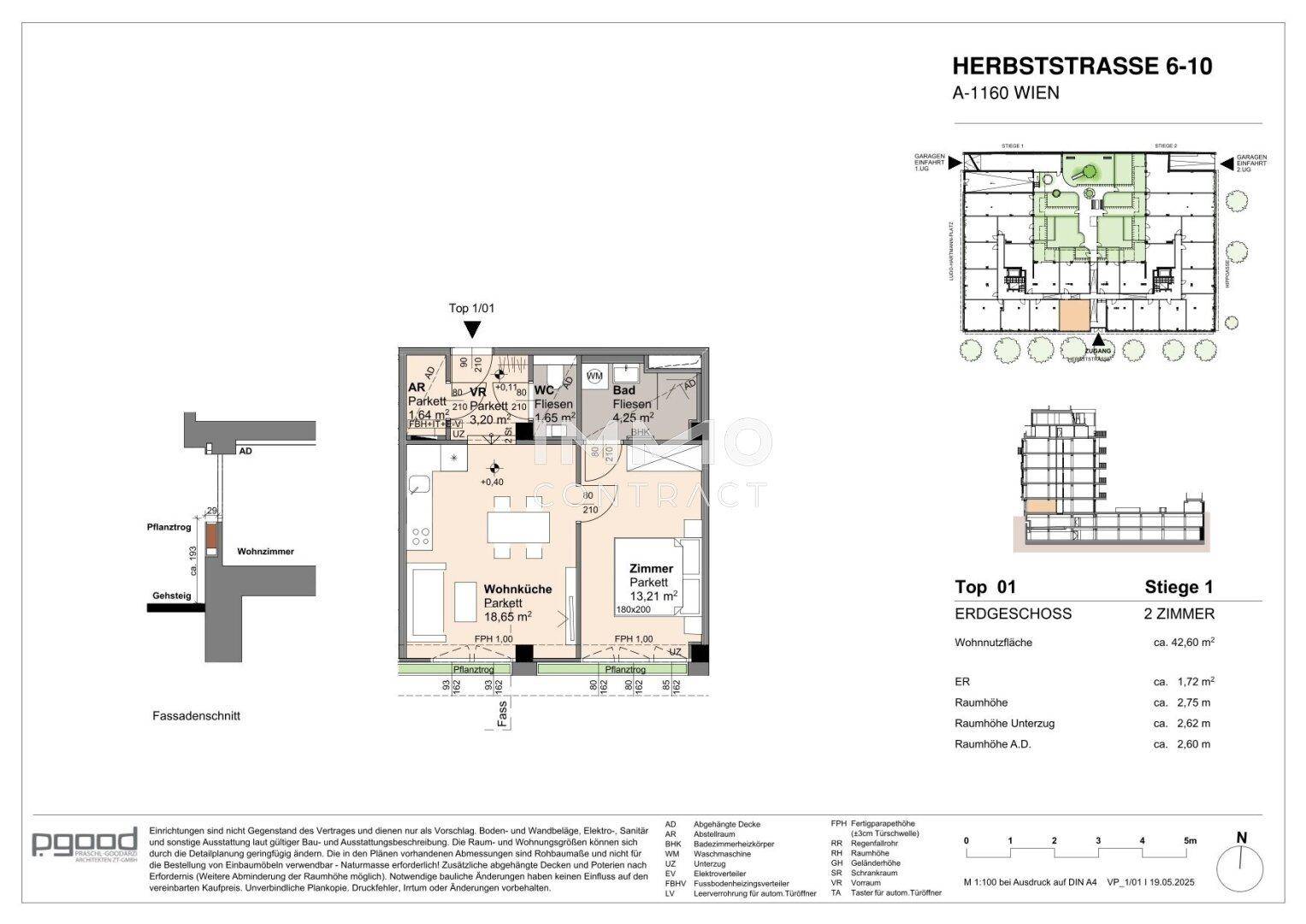 Grundriss einer 2-Zimmer-Wohnung im Erdgeschoss mit Wohnküche und Balkon.