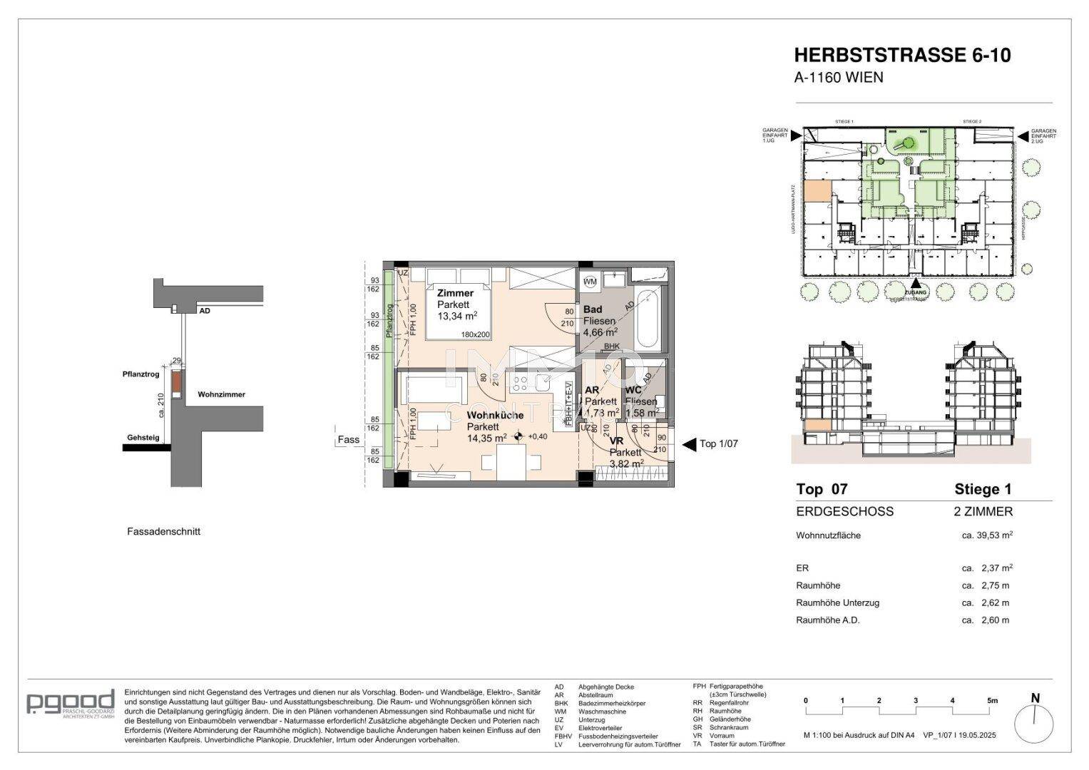 Detaillierter Grundriss einer 2-Zimmer-Wohnung mit Bad, WC und Wohnküche.