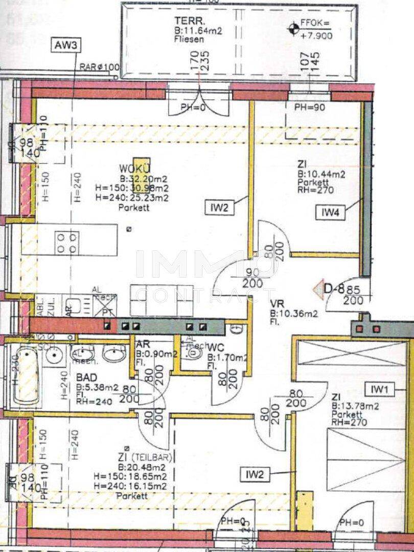 Grundriss einer Wohnung mit Terrasse, zwei Schlafzimmern, Bad und offener Wohnküche.