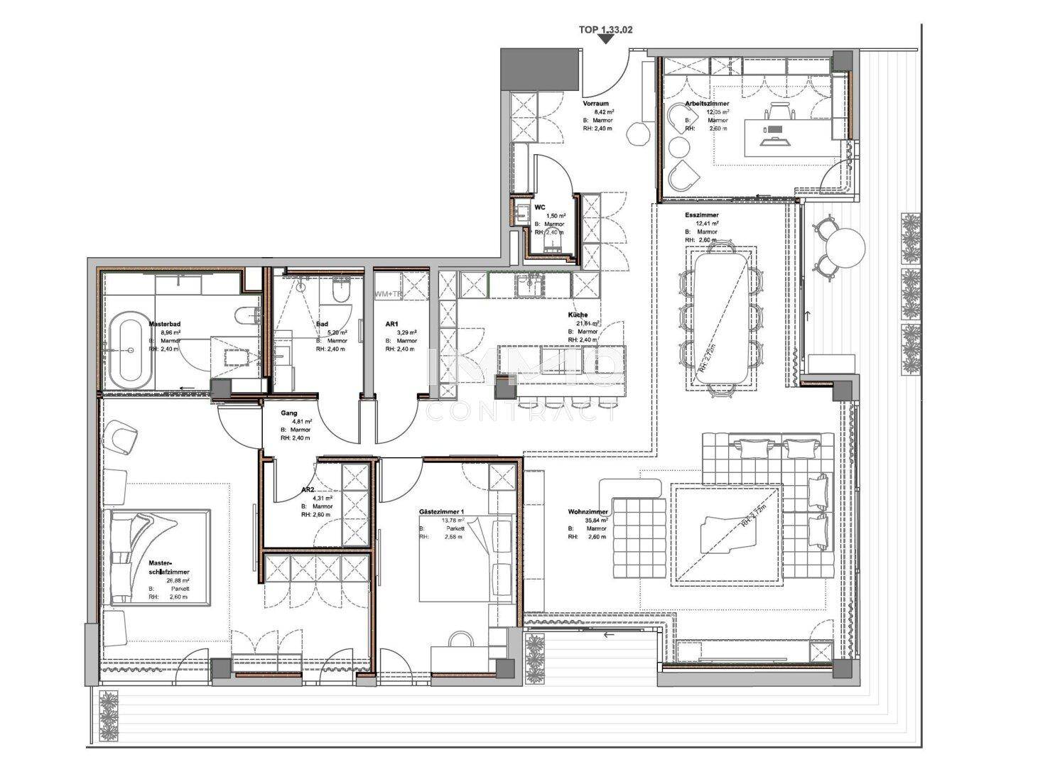 Detaillierter Grundriss einer Wohnung mit mehreren Zimmern und Terrassenzugang.
