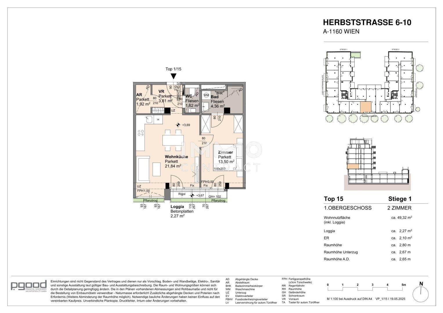 Grundriss der Wohnung Top 15 im 1. Obergeschoss mit Loggia und zwei Zimmern.