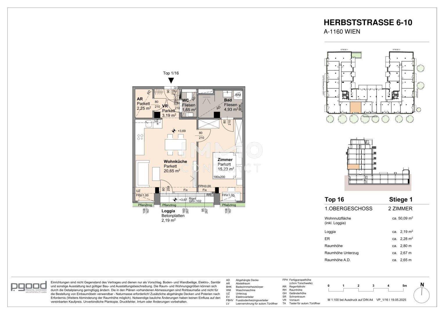 Grundriss der Wohnung Top 16 im Obergeschoss mit Wohnküche, Zimmer und Loggia.