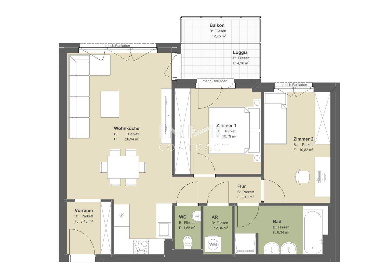 Grundrissplan mit Wohnküche, zwei Zimmern, Bad, WC, Balkon und Loggia für Komfort.