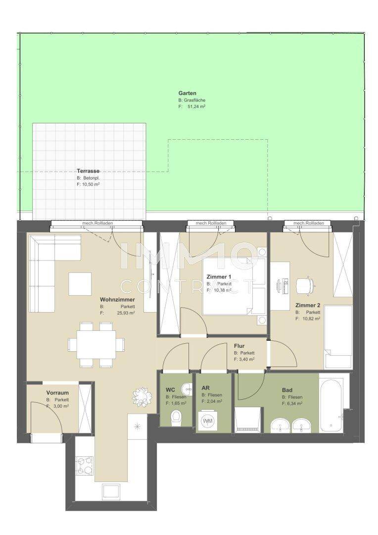 Grundriss des Erdgeschosses mit Wohnzimmer, zwei Zimmern, Bad, WC, Garten und Terrasse.