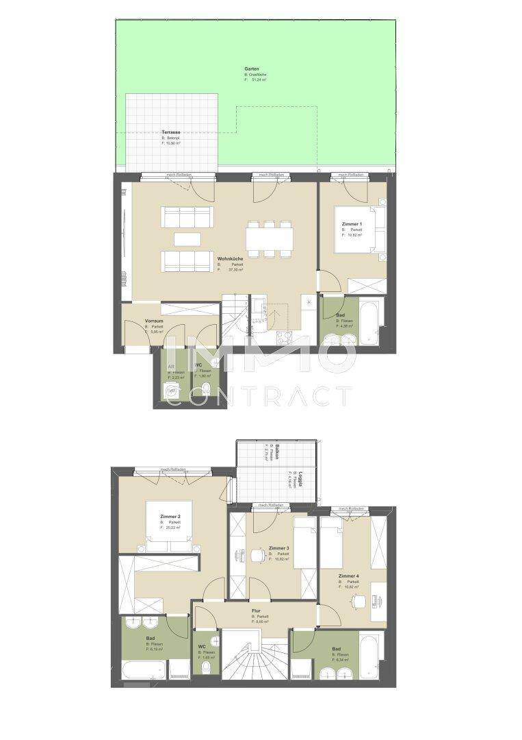 Grundrissplan mit zwei Ebenen, Garten, Terrasse und mehreren Zimmern für flexible Nutzung.