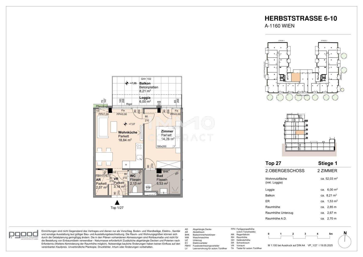 Grundriss der Wohnung Top 27 mit Wohnküche, Loggia, Schlafzimmer und separatem WC.