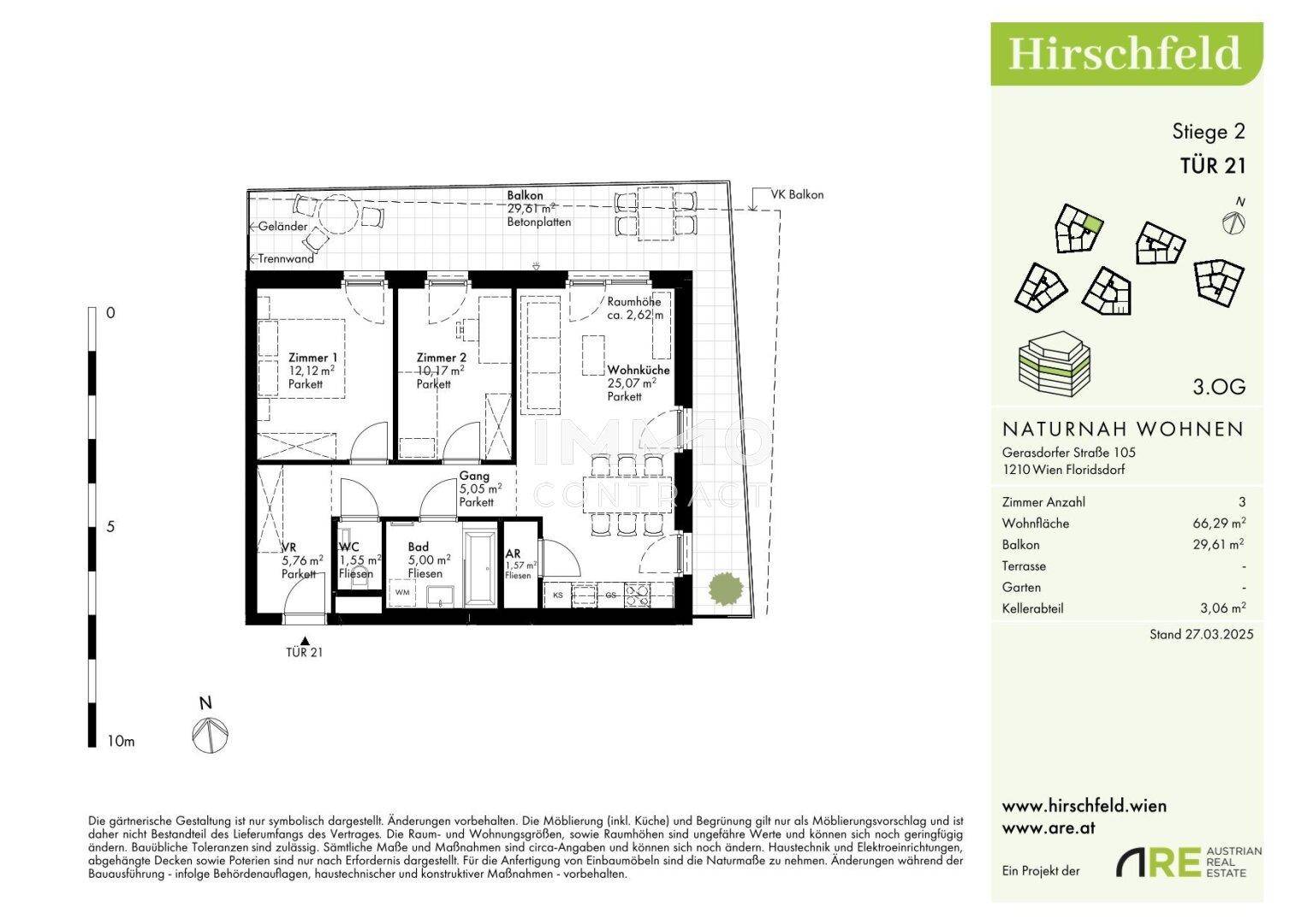 Detaillierter Grundriss einer Wohnung im 3. Obergeschoss mit Balkon und klarer Raumaufteilung.