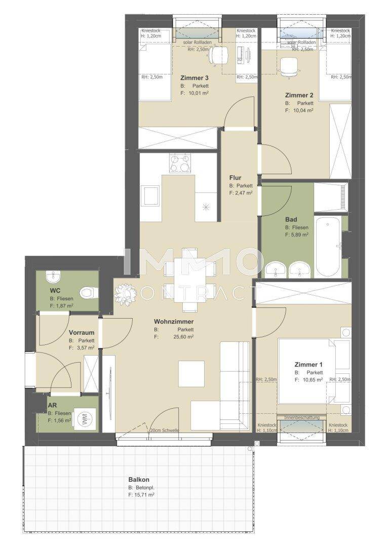 Detaillierter Grundriss einer Wohnung mit drei Zimmern, Balkon und offenem Wohnbereich.
