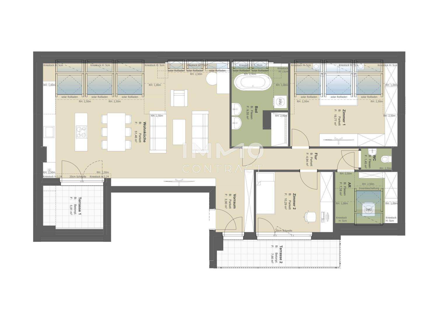 Detaillierter Grundriss einer Wohnung mit mehreren Zimmern und Terrassen.