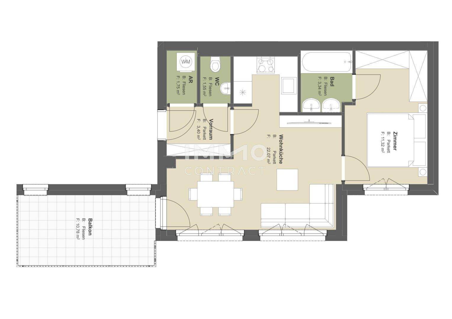 Grundriss einer Wohnung mit Wohnküche, Schlafzimmer, Bad und Balkon.