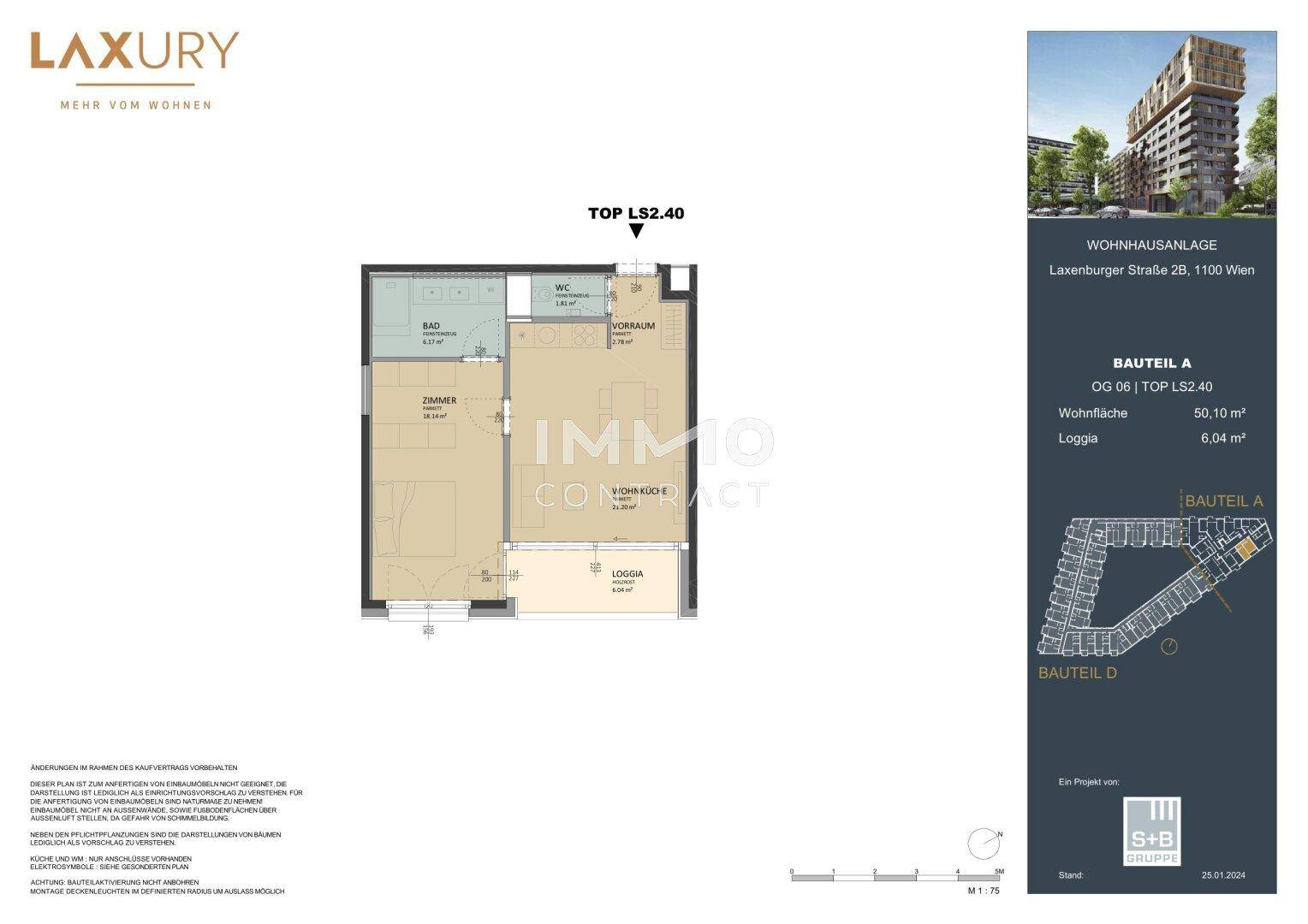 Grundriss einer modernen Wohnung mit Loggia, Schlafzimmer und separatem WC.