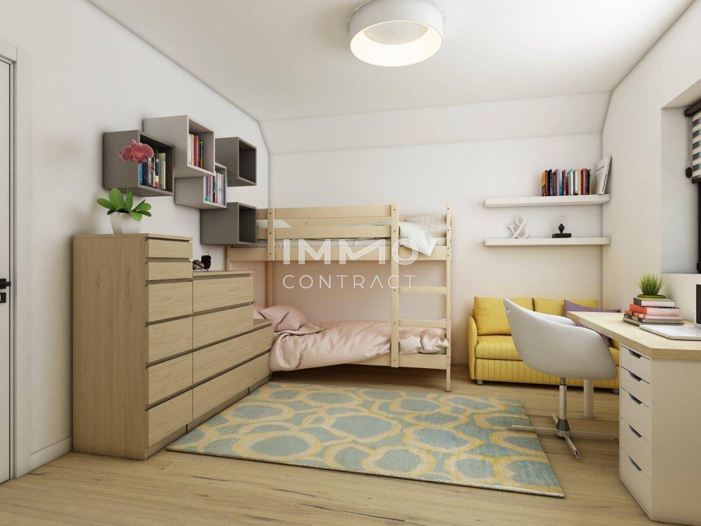 Kinderzimmer mit Etagenbett, Schreibtisch und Regalen an der Wand.