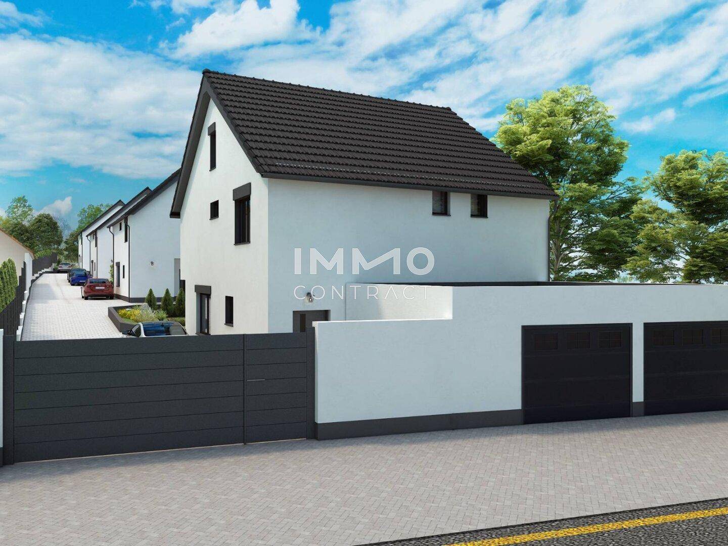 Moderne Hausfassade mit Satteldach, Rollläden und Garagenzugang.
