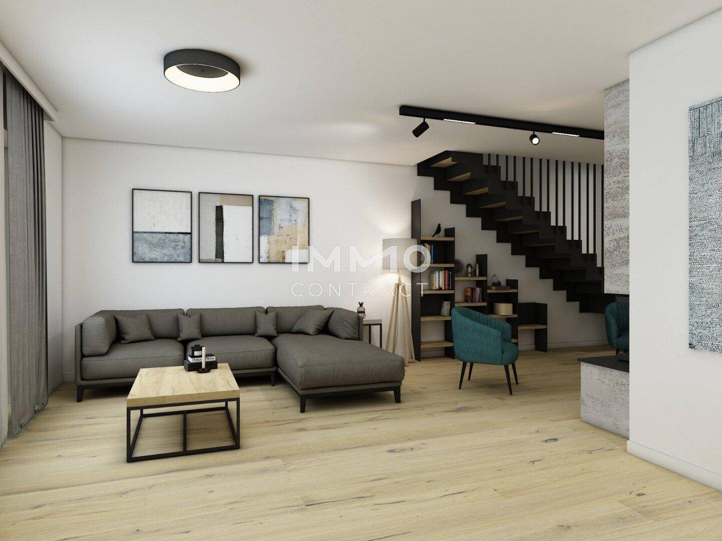 Gemütlicher Wohnbereich mit Ecksofa, Holzboden und moderner Treppe.