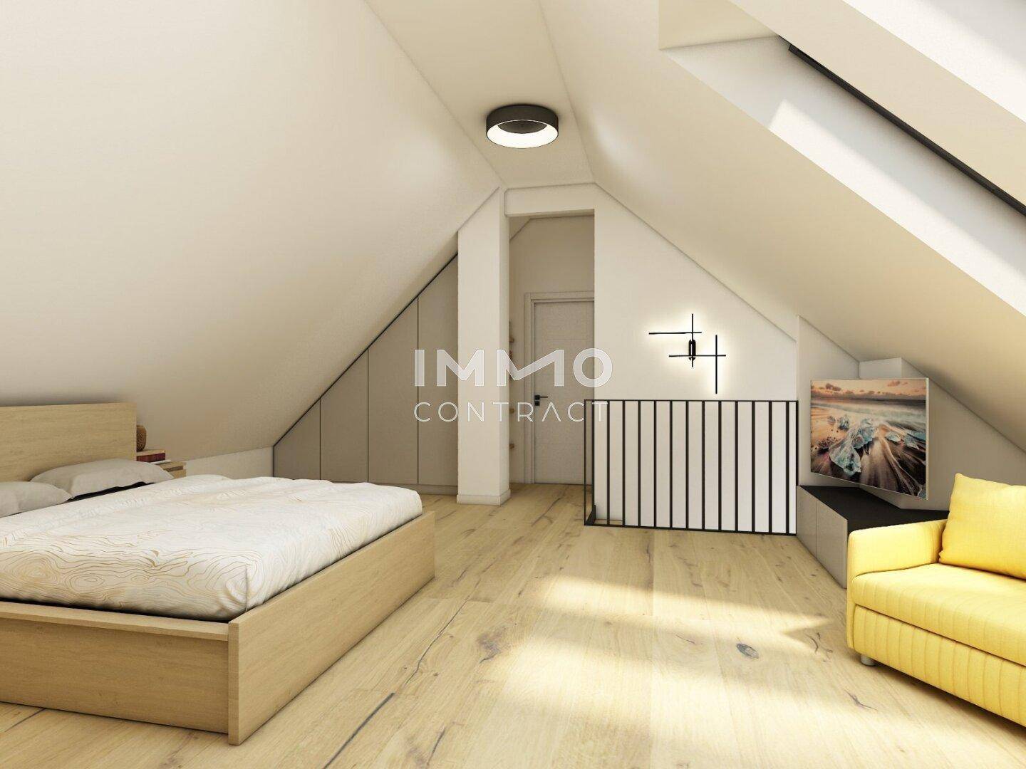 Dachgeschoss-Schlafzimmer mit schrägen Wänden, Holzboden und gemütlicher Atmosphäre.