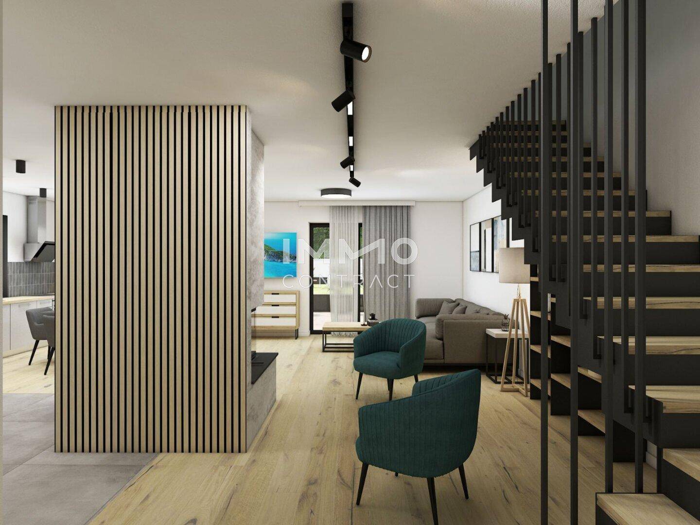Modernes Wohnzimmer mit Holzboden, dekorativer Wandverkleidung und offener Treppe.
