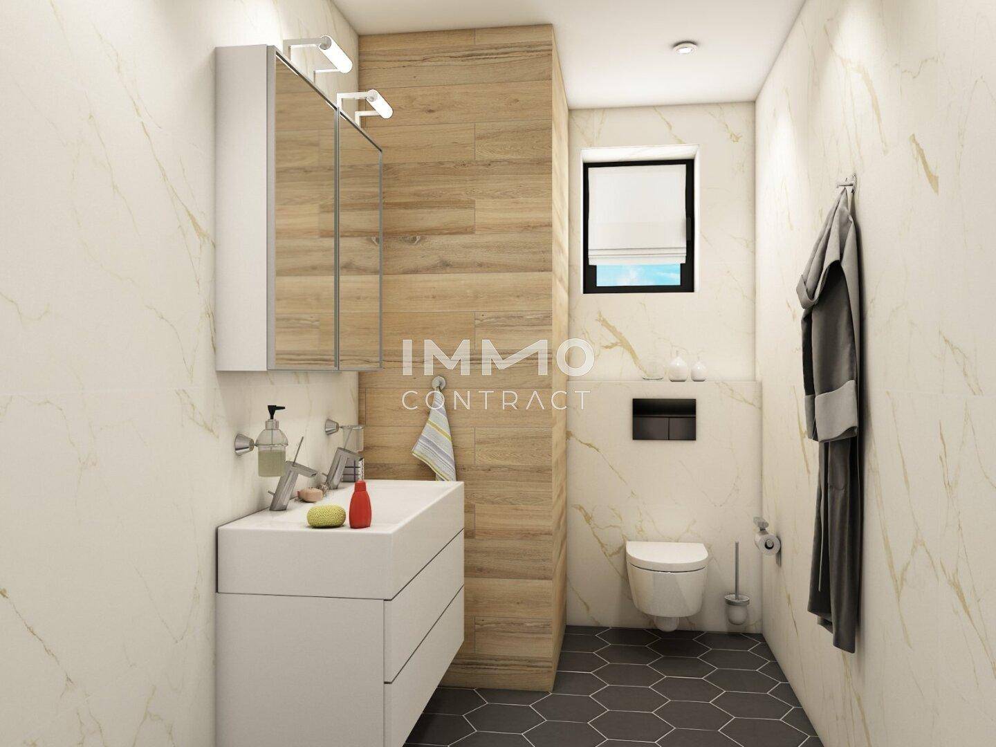 Modernes Badezimmer mit Einzelwaschbecken, Wand-WC und Fenster für Tageslicht.