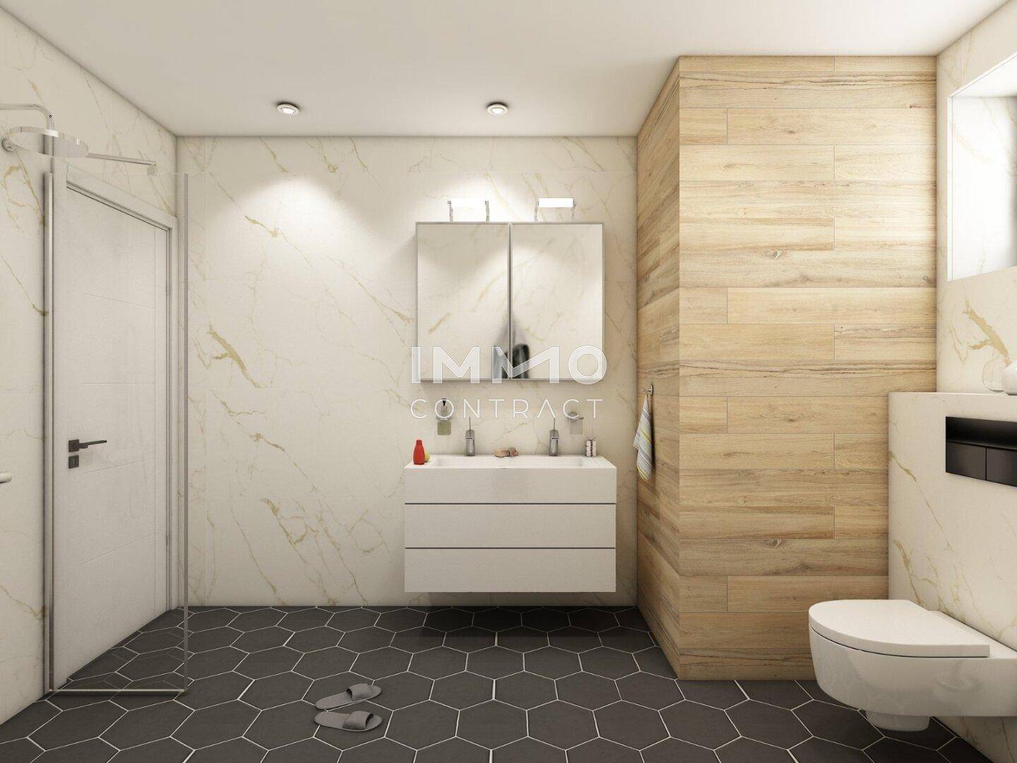Modernes Badezimmer mit Dusche, Doppelwaschbecken und Marmorfliesen.