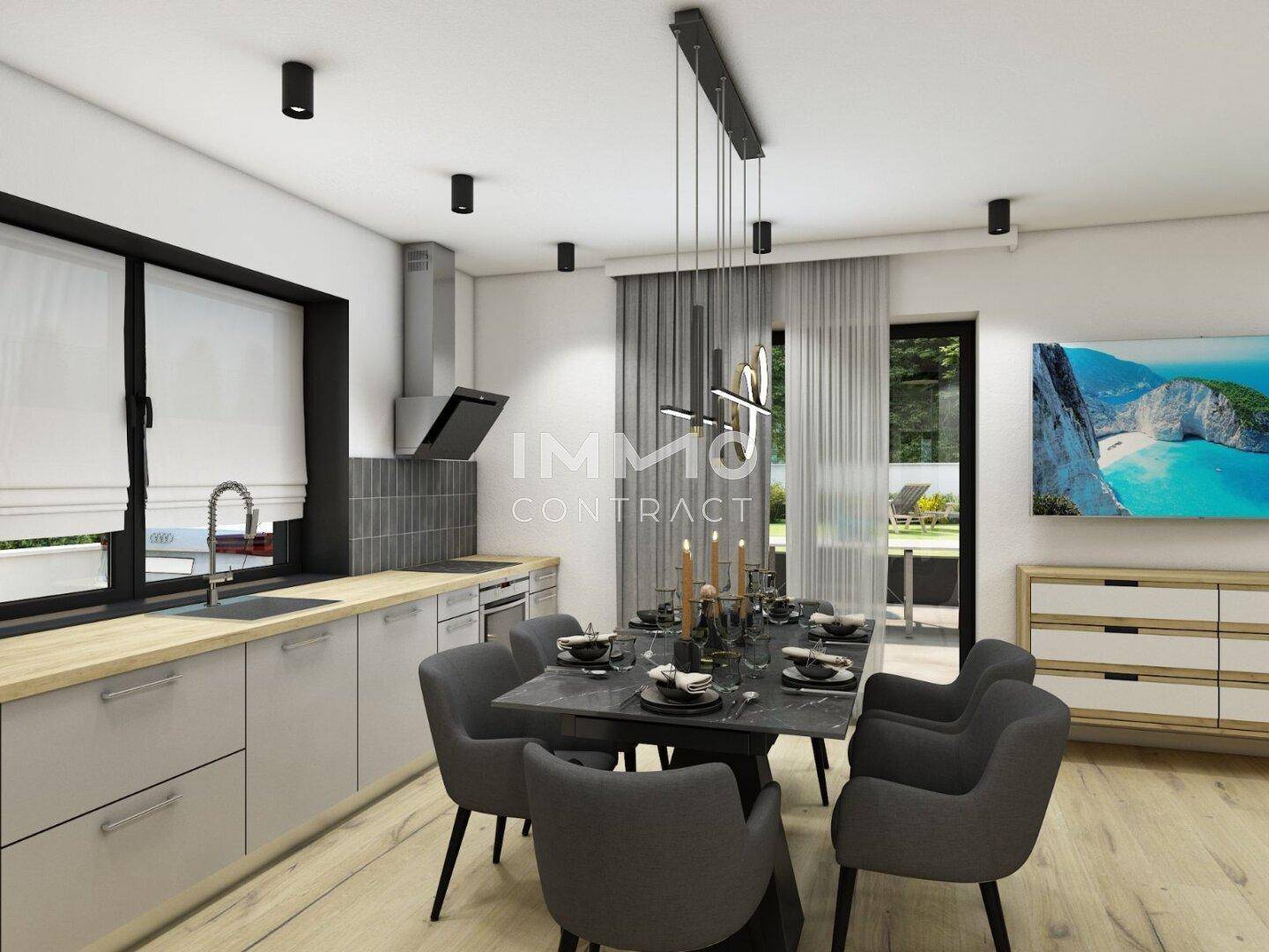 Moderne Küche mit Essbereich, Induktionskochfeld und Zugang zum Außenbereich.