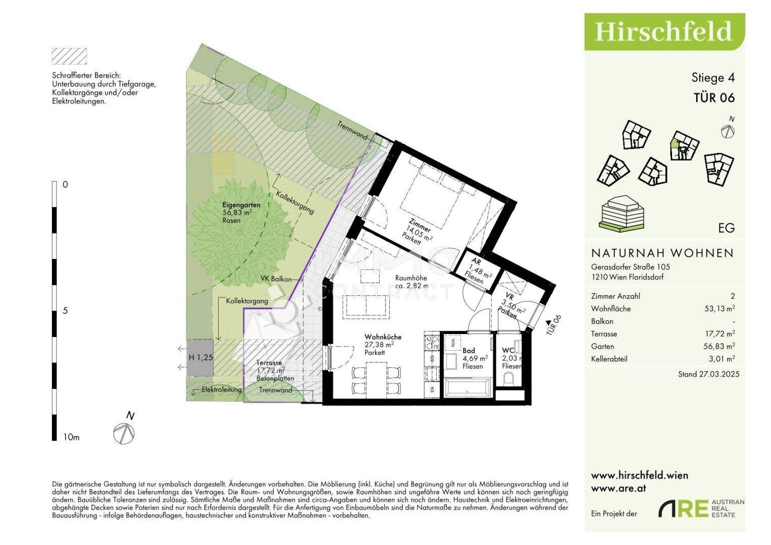 Detaillierter Grundriss einer Wohnung mit Terrasse, eigenem Garten und klar definierten Wohnbereichen.