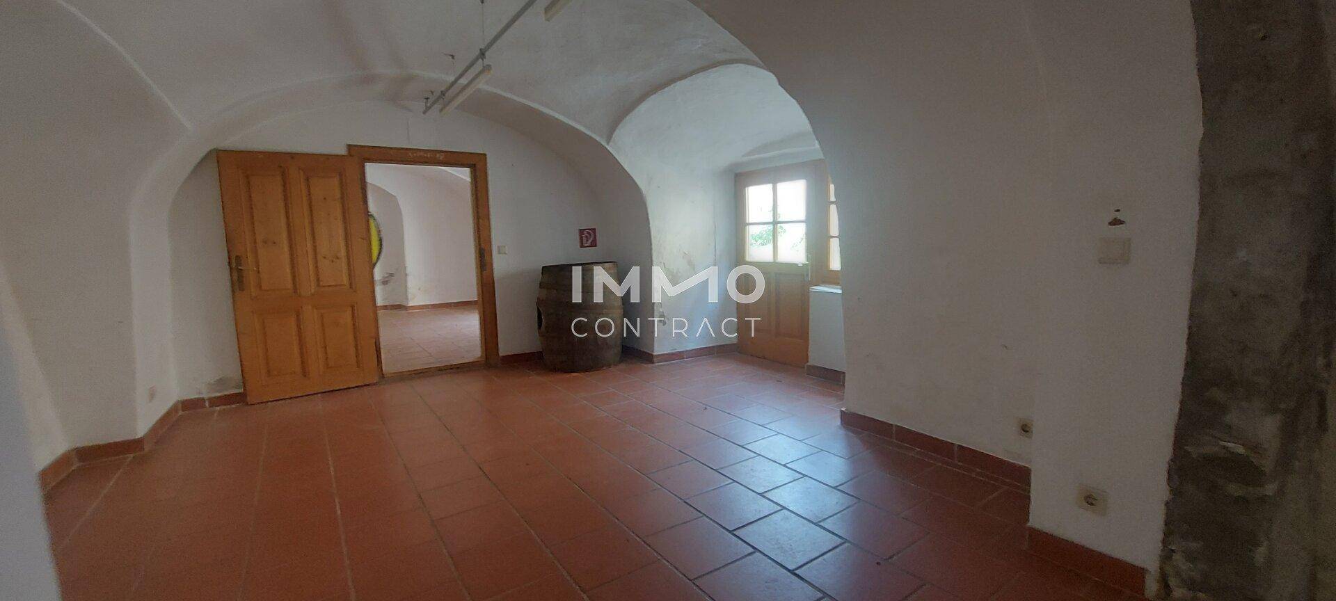 Geräumiges Zimmer mit gewölbter Decke und Terrakotta-Fliesenboden, durch Fenster hell beleuchtet.