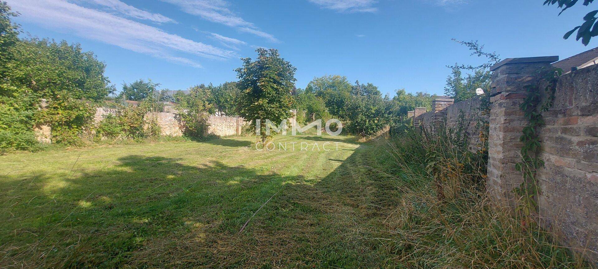 Weitläufige Rasenfläche mit alten Bäumen und einer historischen Steinmauer unter blauem Himmel.