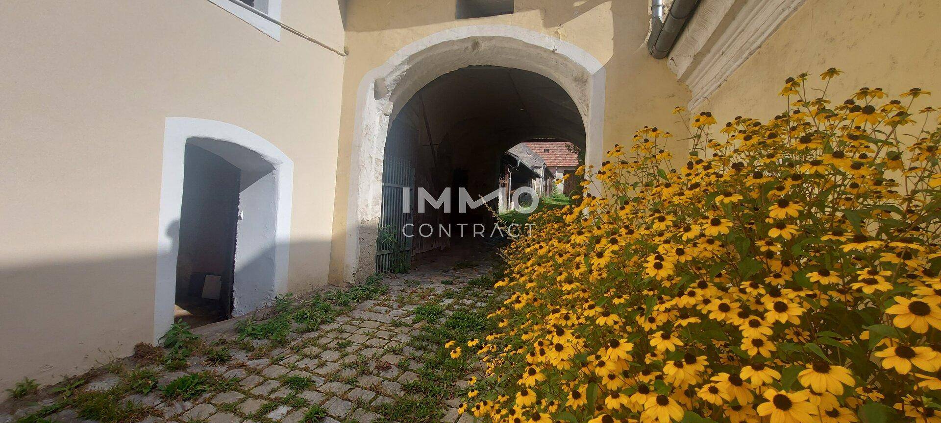 Historischer Torbogen führt zu einem Innenhof, umgeben von blühenden gelben Blumen.