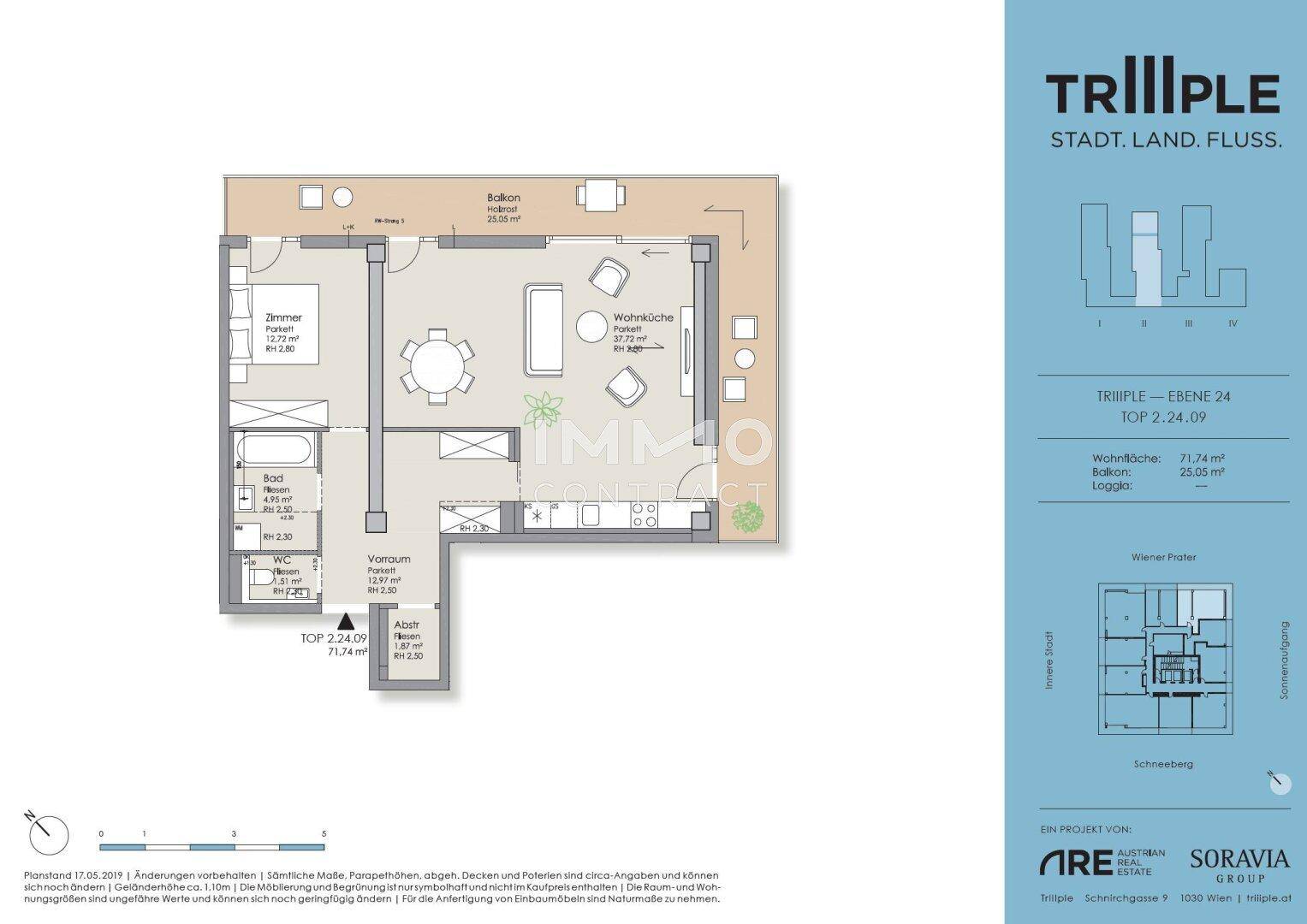 Grundriss einer Wohnung mit Wohnküche, Schlafzimmer, Bad und Balkon auf Ebene 24.