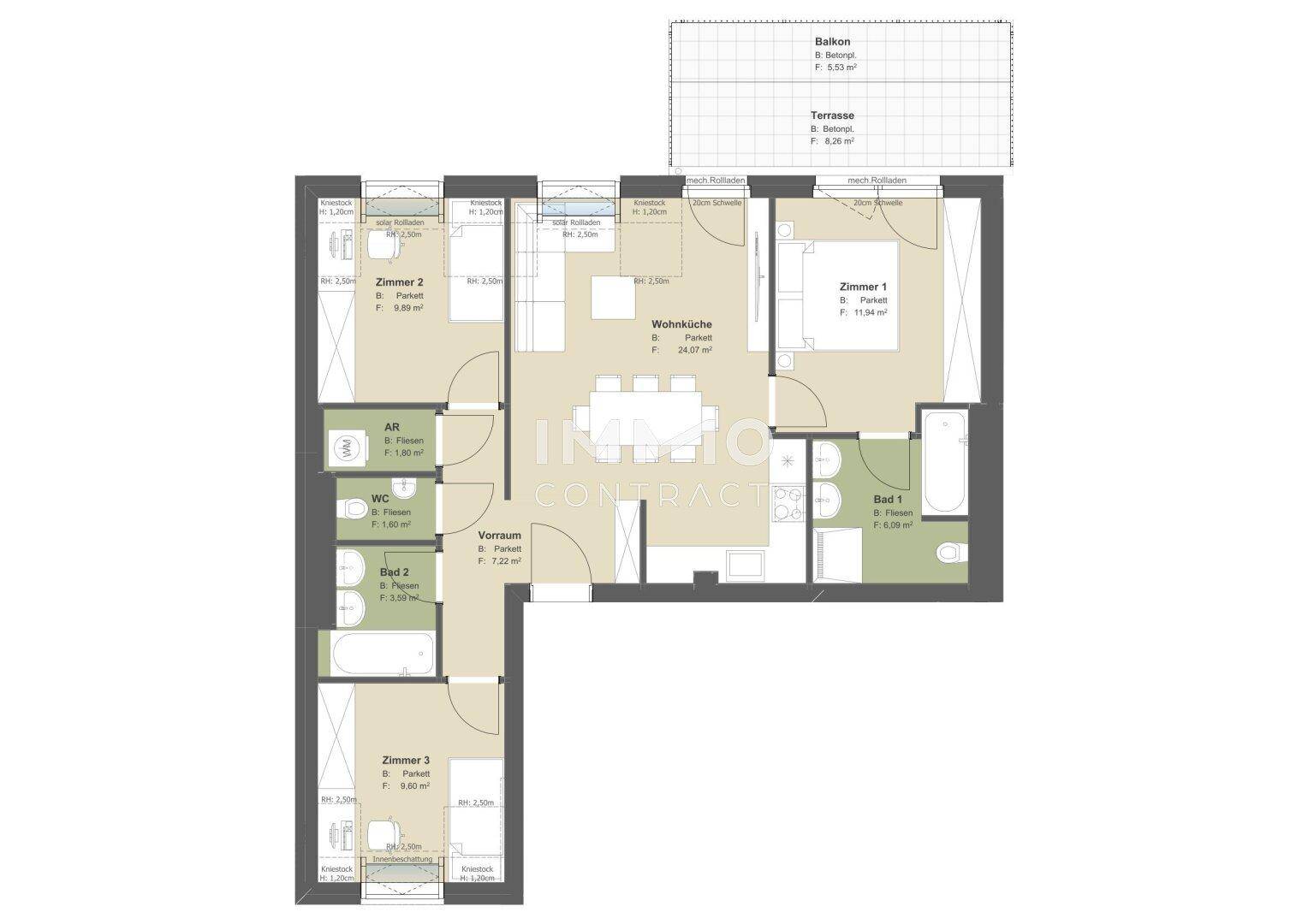 Grundriss einer modernen Wohnung mit drei Zimmern, zwei Bädern, Balkon und Terrasse.