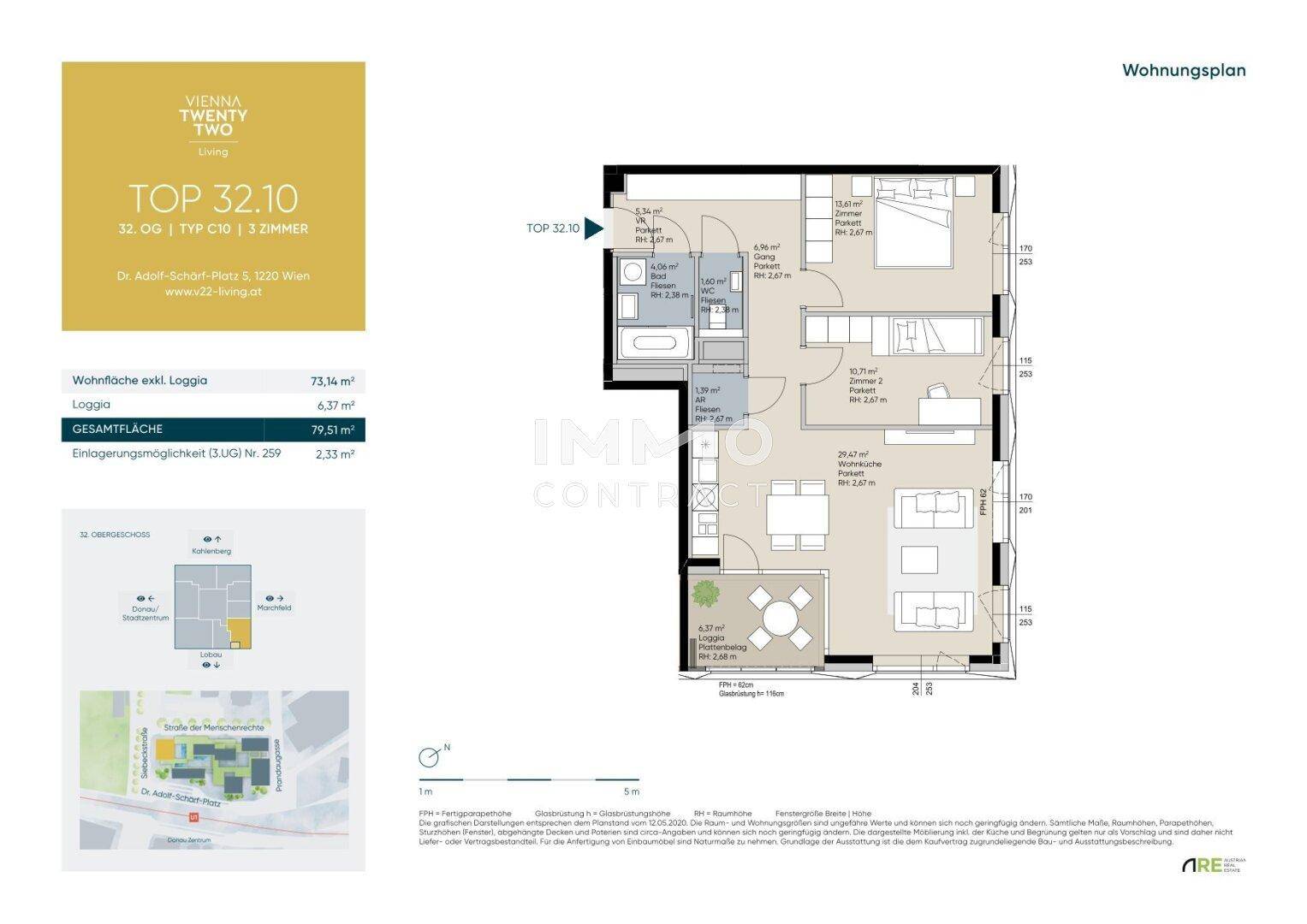 Detaillierter Wohnungsplan mit Loggia, zwei Schlafzimmern und offenem Wohnbereich.
