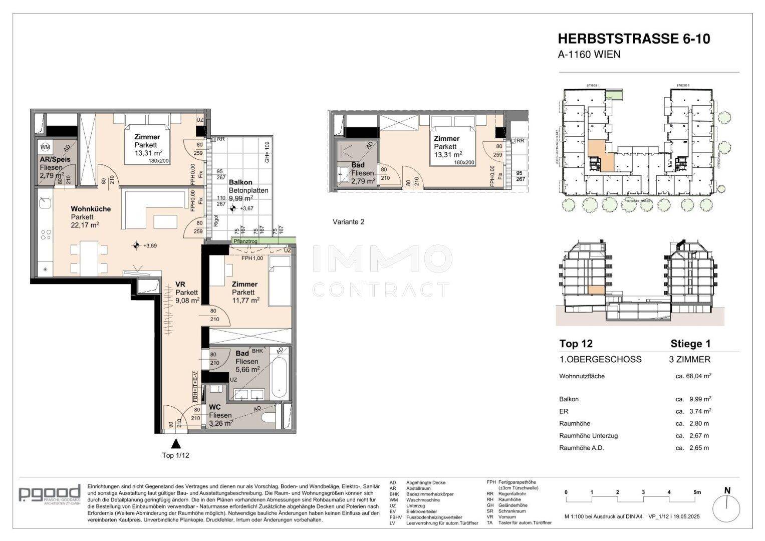 Detaillierter Grundriss einer 3-Zimmer-Wohnung im Obergeschoss mit Balkon und zwei Bädern.