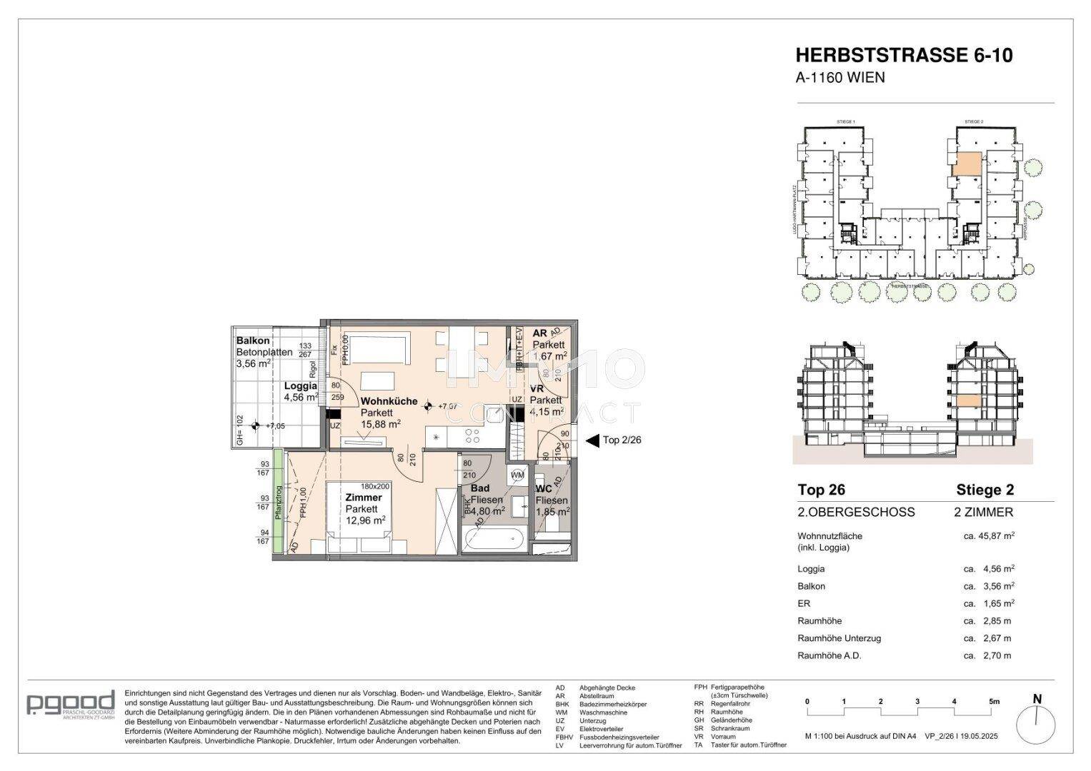 Detaillierter Grundriss einer 2-Zimmer-Wohnung mit Loggia und Balkon.