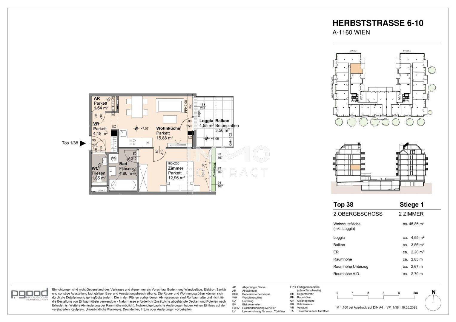 Grundriss einer 2-Zimmer-Wohnung im 2. Obergeschoss mit Loggia und separatem WC.